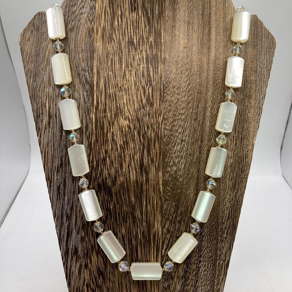 Vtg Japan Necklace Square Faux opal Beads 25” Unique